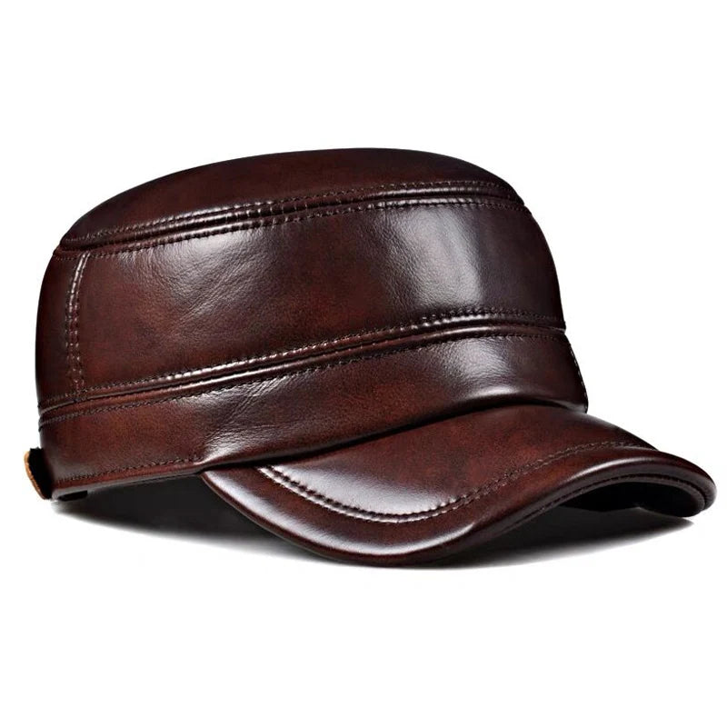 Men's Winter Genuine Leather Flat Military Baseball Cap, Ear Warm Hat
