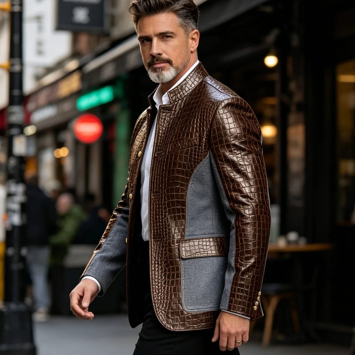Men's crocodile leather patchwork denim blazer street style outdoor