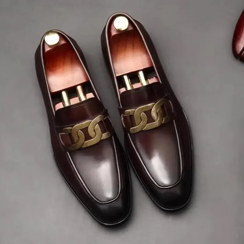Men's Metal Buckle Genuine Leather Slip-On Wedding Dress Shoes