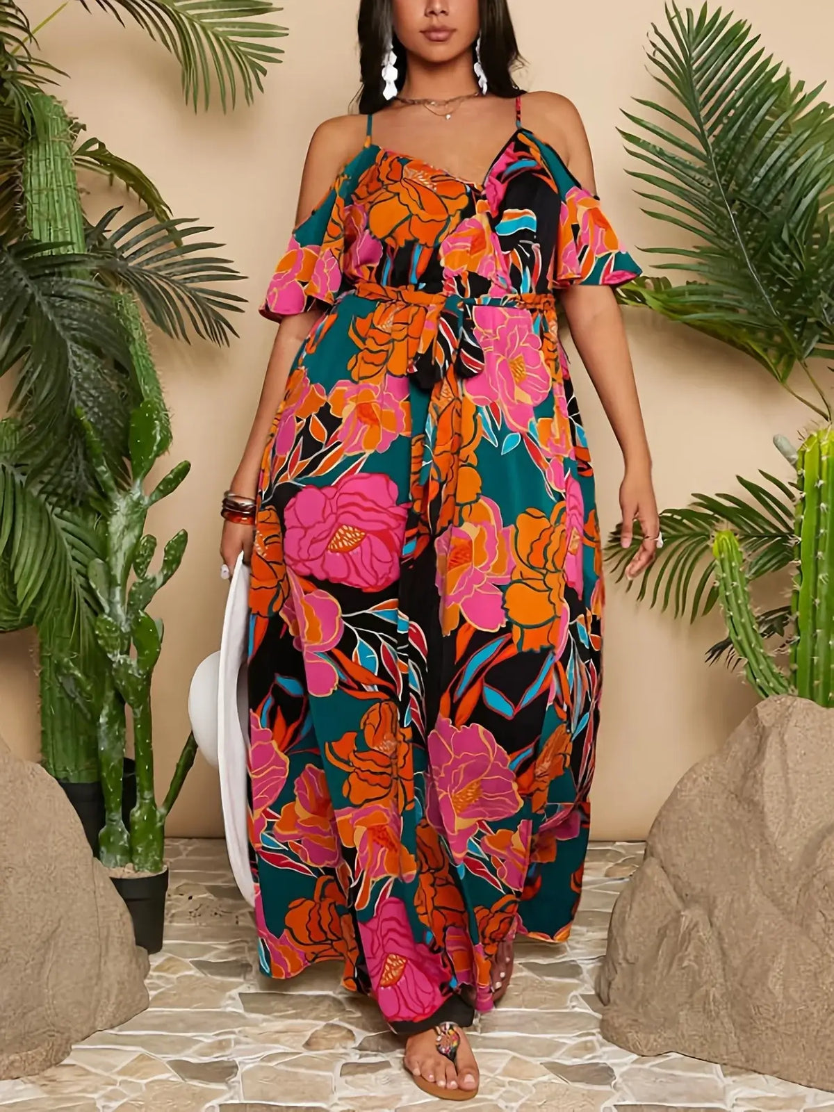 Women's Plus-Size Off-Shoulder Short-Sleeve Cinched Split Maxi Dress