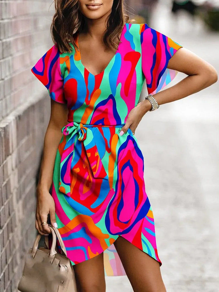 Women's V-Neck Short-Sleeve Print Boho Beach Party Dress