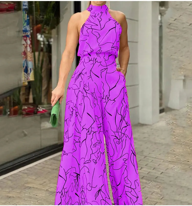Women's Print Halter Wide-Leg Sleeveless Jumpsuit