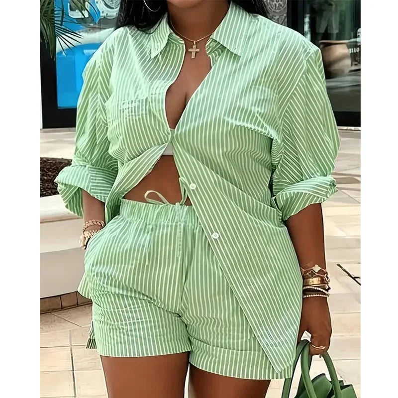 Women's Colorful Striped Button Shirt and Shorts Two-Piece Set