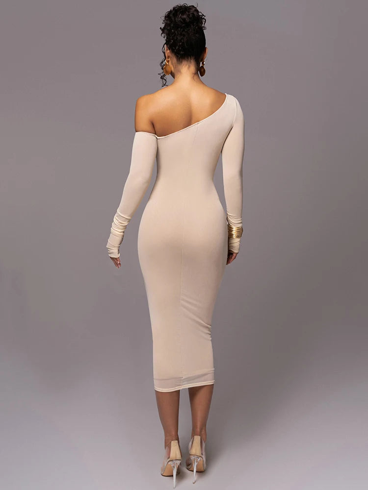 Women's Diagonal Collar Mesh Backless Ruched Midi Dress