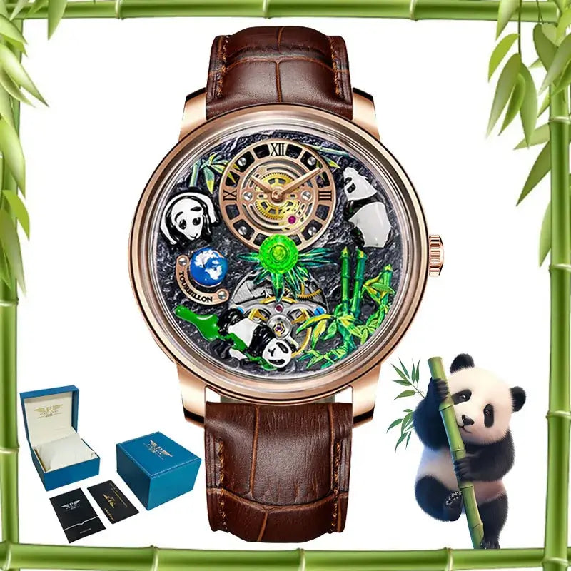 PINDU Three-dimensional Panda Dial Watches for Men High-end Luxury Transparent Hollowed Fully Automatic Mechanical Wristwatch with leather band