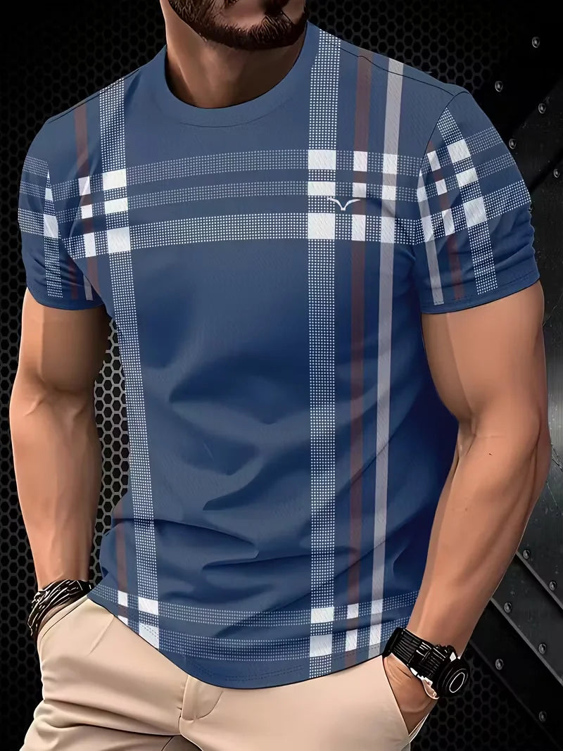 Men's Plaid Color-Block T-Shirt — Beige & Gray, Slim Fit