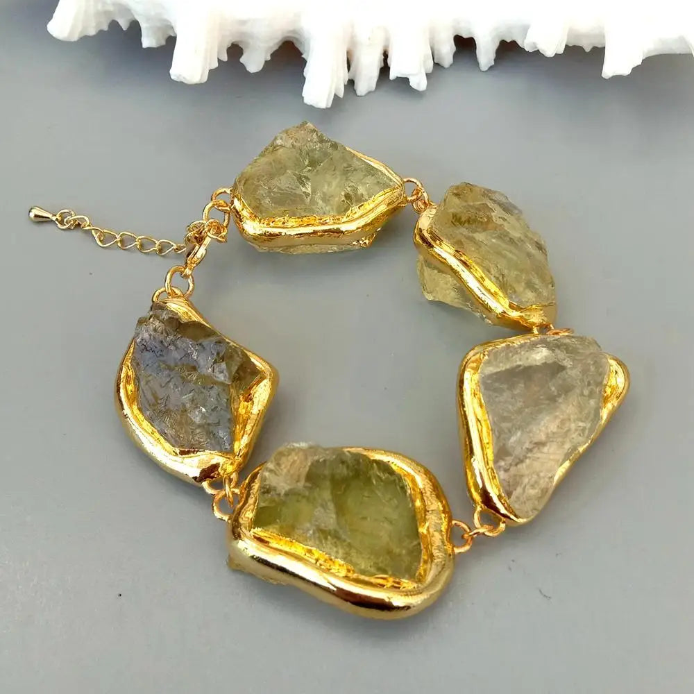 KKGEM Natural 27x33mm Lemon Quartz Rough Raw Nugget Gold Plated Brushed Bead wrap Bracelet Semi Precious Women Jewelry