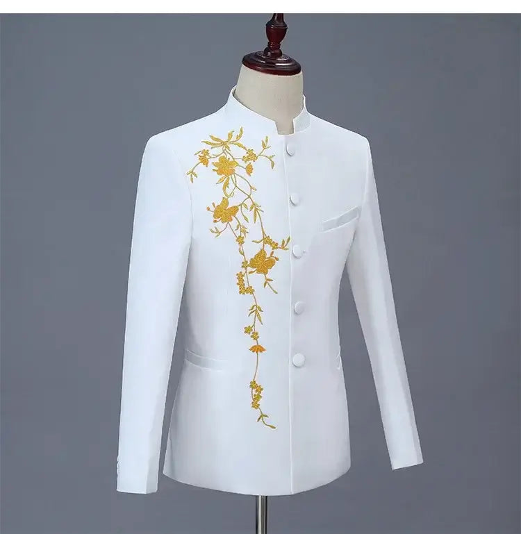 Men's Stand Collar Embroidery Two-Piece Stage Suit