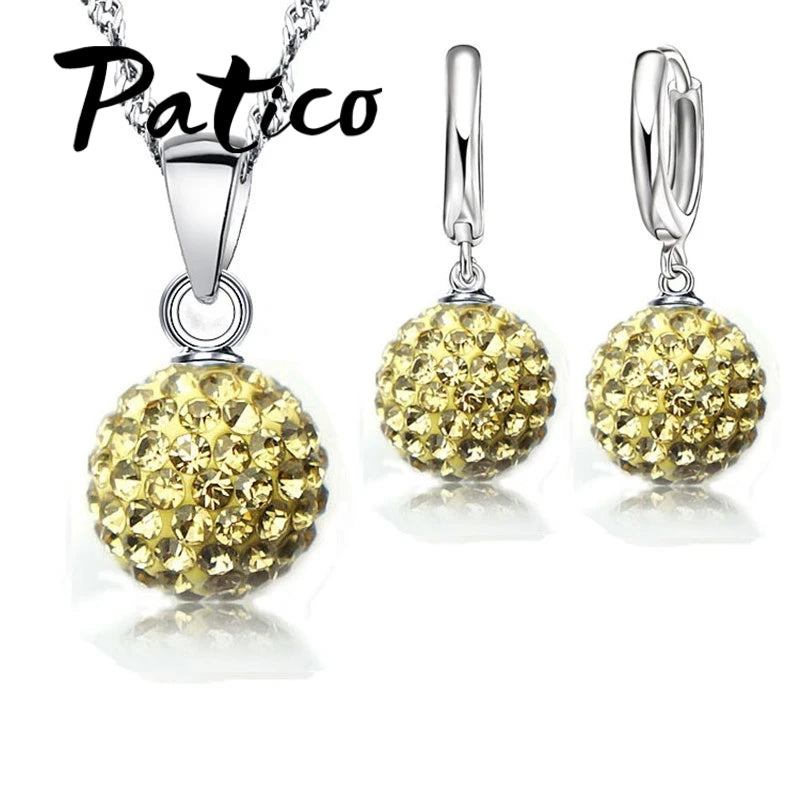 Women's 925 Silver Crystal Disco Ball Necklace Earring Set