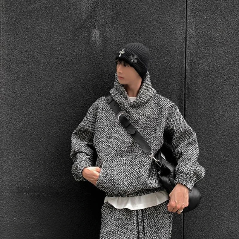 Men's Retro Wool Velvet Hooded Sweatshirt, High-Street Casual Suit Style