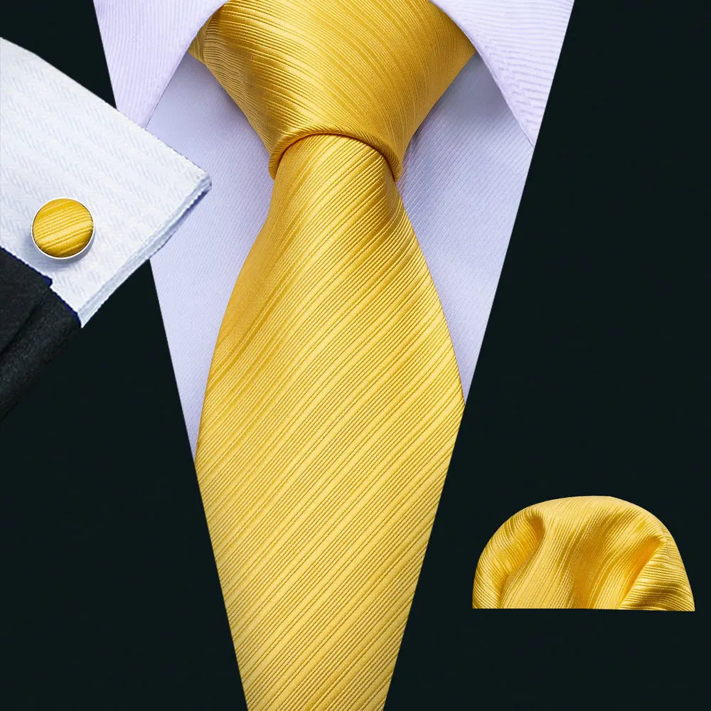 Men's Gold Silk Stripe Necktie Handkerchief Cufflinks Set