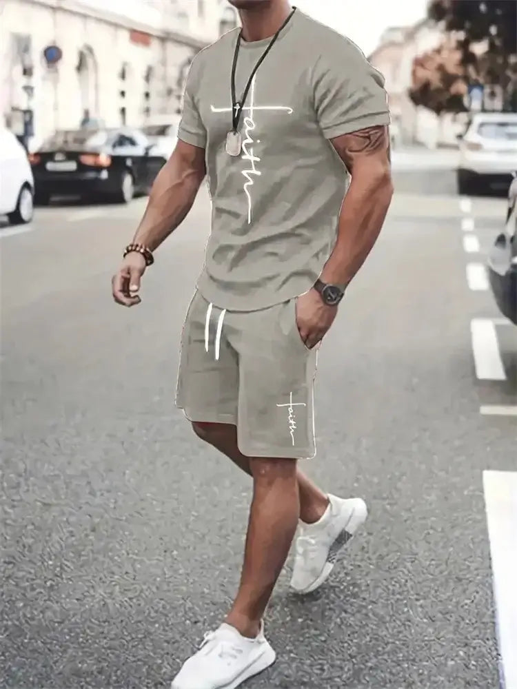 Mens T Shirt Shorts Set Fashion Mens Cross Printed Short Sleeve Two Pieces Oversized Outdoor Beach Sports Men's Plus Size Suit