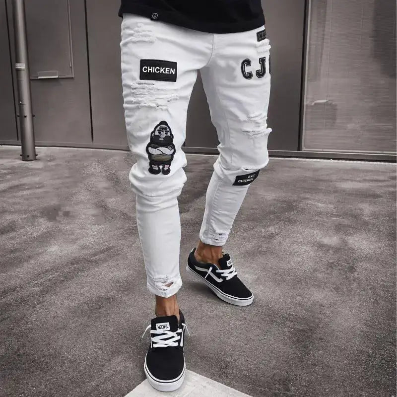 Men's White Embroidered Ripped Skinny Jeans — Stretch Denim