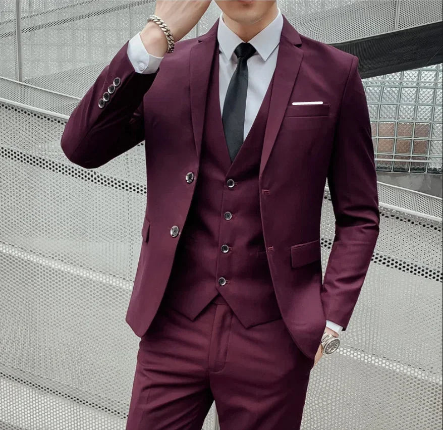 Men's British Solid Three-Piece Gentleman Suit, Business and Wedding