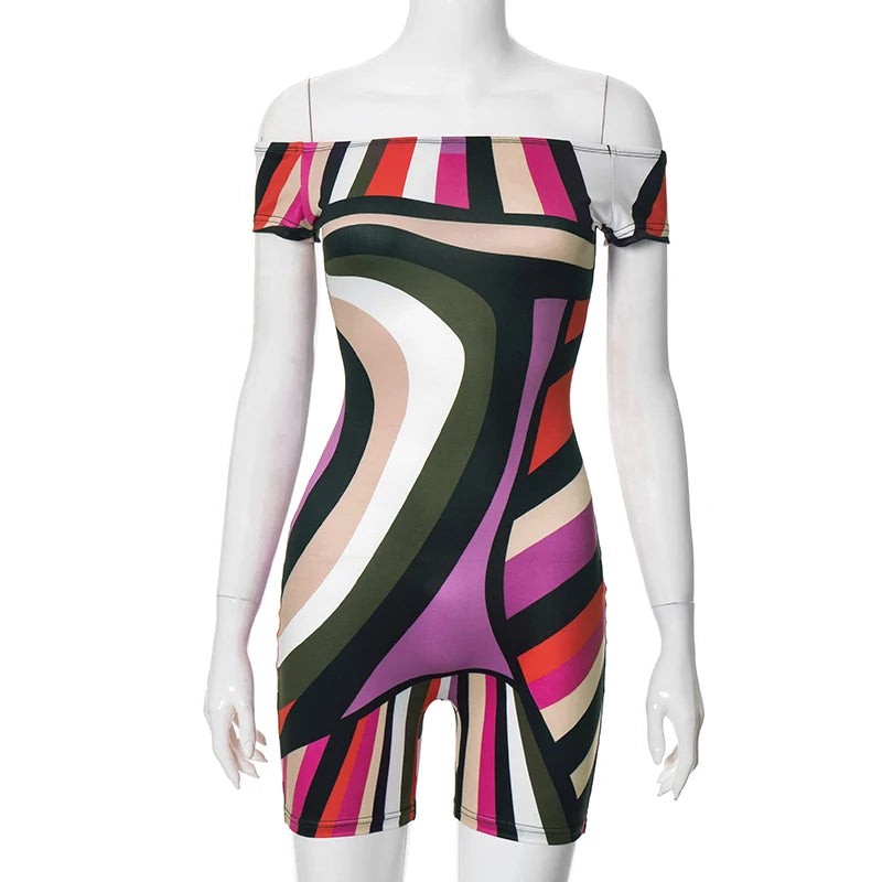 CUTENOVA Colorful Striped Print Playsuits Women Sexy Off Shoulder Short Sleeve Slim One Piece Overalls 2024 Summer Y2K Streetwea