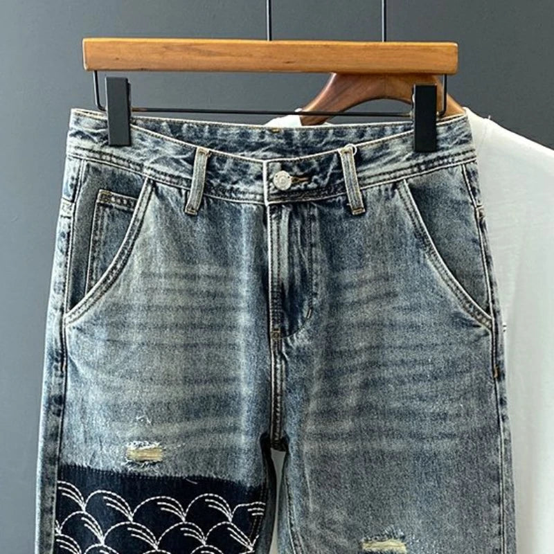 Men's Vintage Ripped Embroidery Baggy Harem Jeans