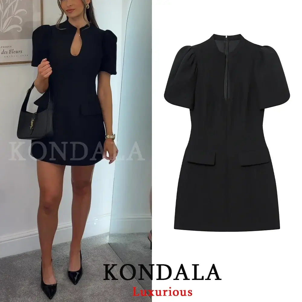 Women's Black O-Neck Zip Puff Sleeve Holiday Mini Dress
