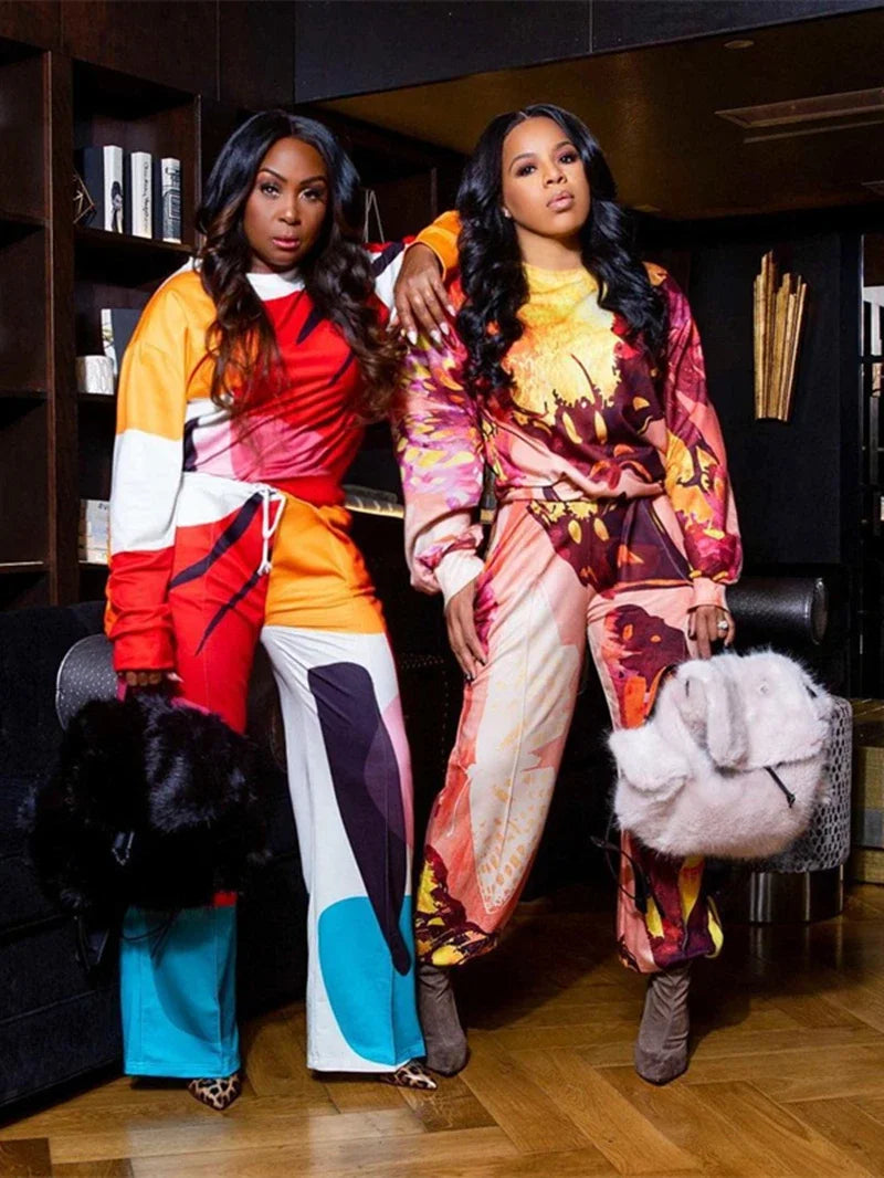 Women's Print Pullover and Long Pants Tracksuit Two-Piece Set