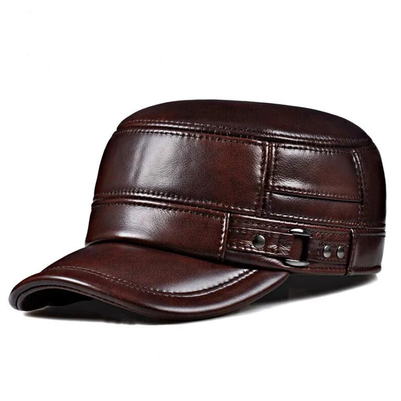 Men's Winter Genuine Leather Flat Military Baseball Cap, Ear Warm Hat