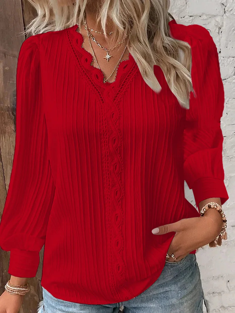 Women's Hollow Lace Patchwork V-Neck Long Sleeve Blouse