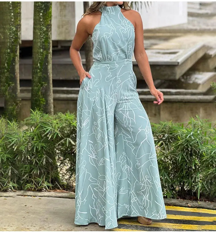 Women's Print Halter Wide-Leg Sleeveless Jumpsuit