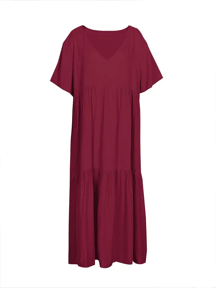 Women's Plus Size Loose V-Neck Pleated Long Dress