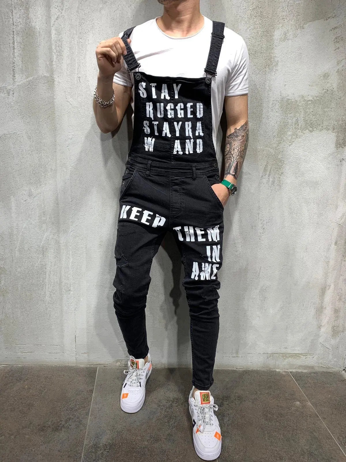 Men's Letter Print Ripped Denim Overalls Jumpsuit Streetwear