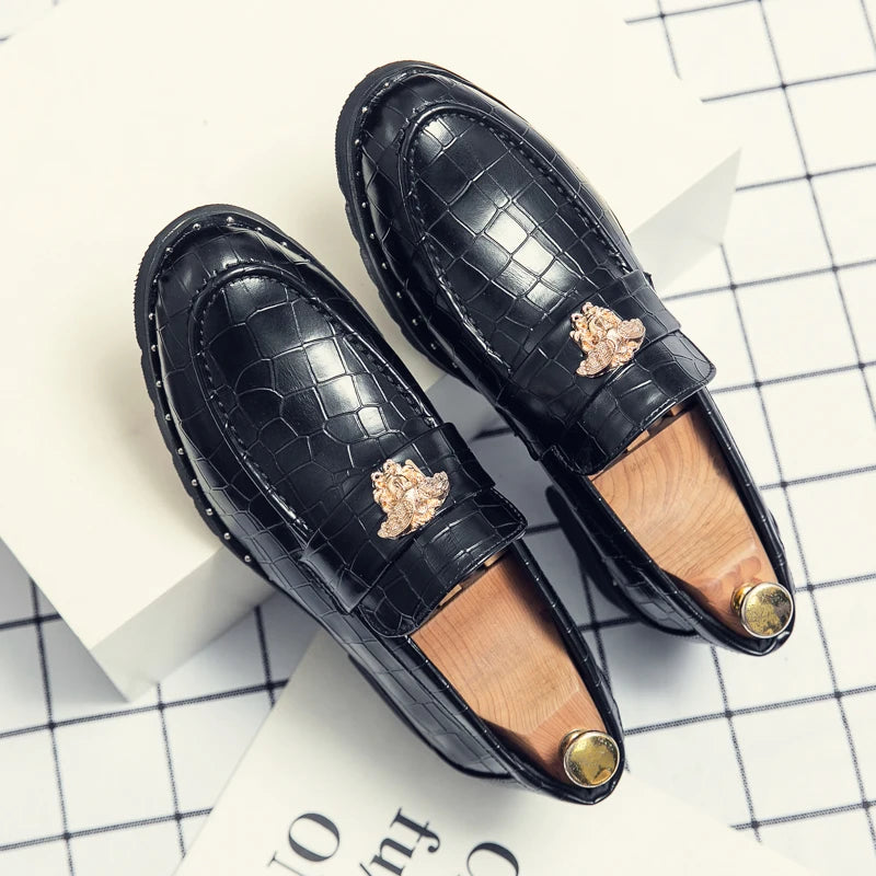 Men's Black Pointed-Toe Leather Brogue Loafers