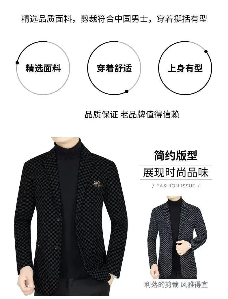Men's Winter Velvet Woolen Thick Wedding Blazer, Business Dress Coat