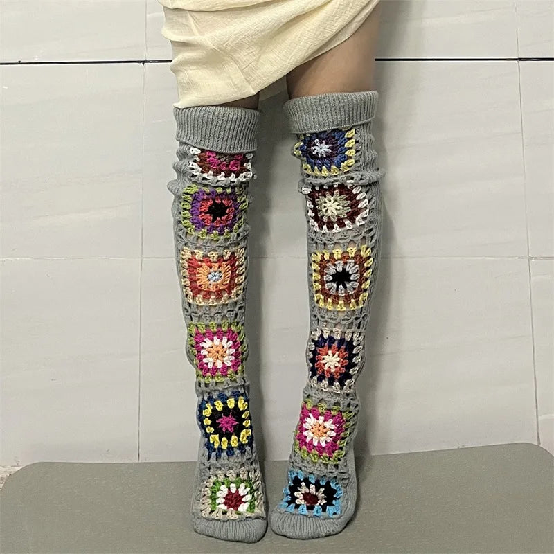 New Womens Autumn Winter Thigh Socks Extra Long Ethnic Crochet Knit Stockings Over Knee Socks Hot Sale
