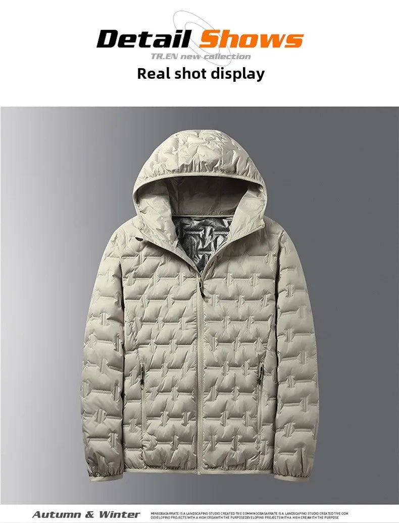 Men's Winter White Graphene Hooded Puffer Jacket, Windproof Down Coat