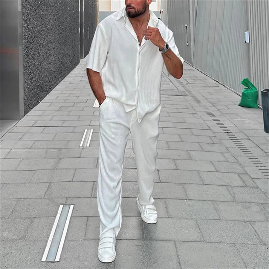 Men's White Lapel Short-Sleeve Shirt and Long Pants Beach Two-Piece Set