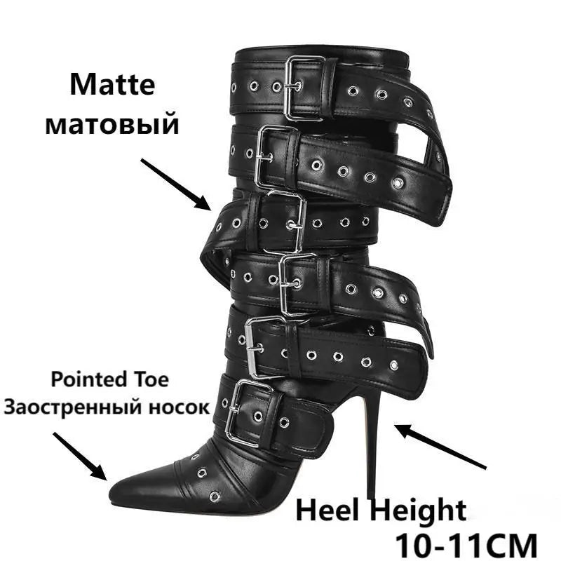 Women's Pointed-Toe Mid-Calf Stiletto Boots with Buckle