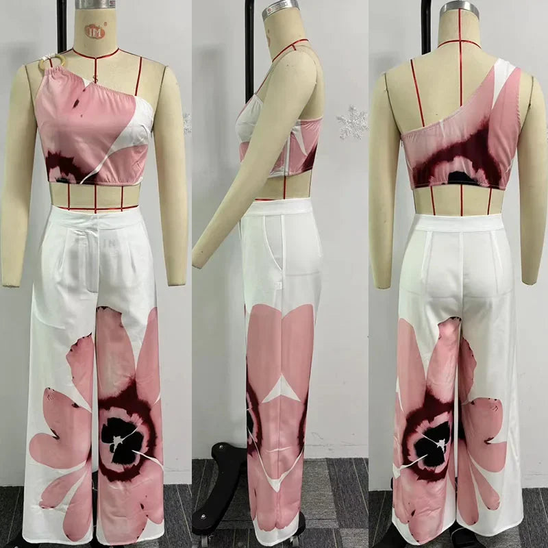 Women's One Shoulder Crop Top and Wide Leg Pants Set