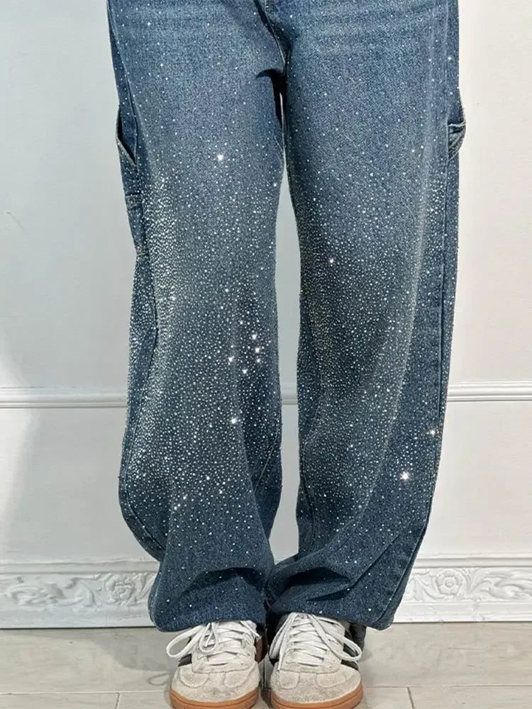 Women's Rhinestone Baggy Wide-Leg Washed Denim Jeans