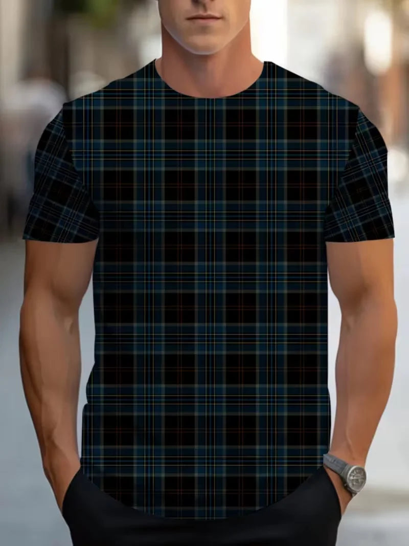 Men's Plaid Color-Block T-Shirt — Beige & Gray, Slim Fit