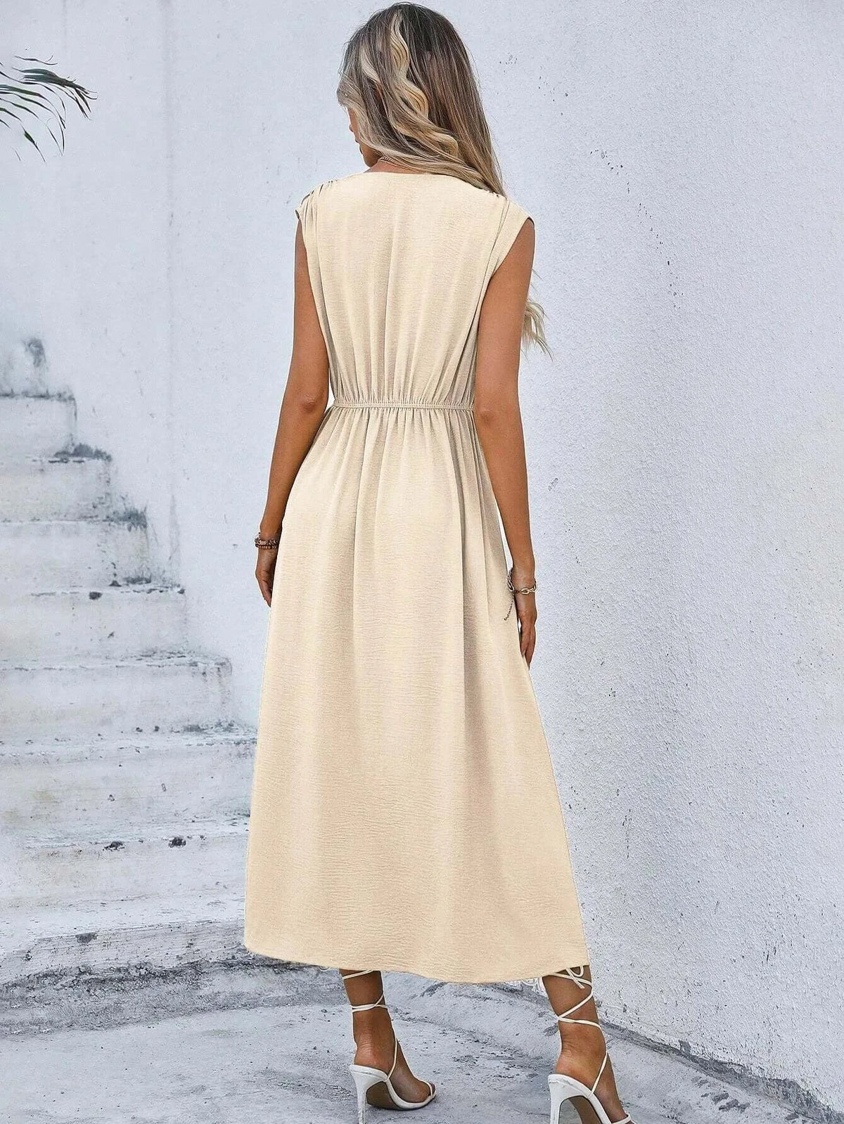 Women's Solid Color A-Line Dress Sleeveless Front Thin Straps Elegant Belted Midi Dress for Summer