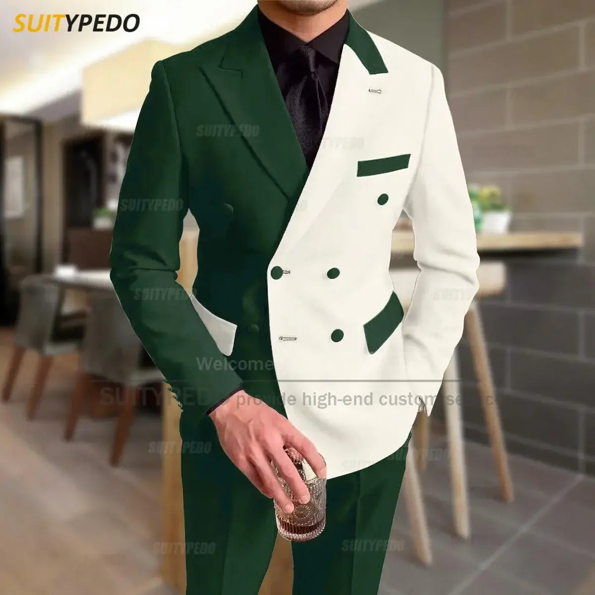 Mode Schwarz-Elfenbein-Spleiß Herrenanzug Lässige Party Klassische Zweireiher Jacke Abendessen Eleganter Blazer Hosen Outfits
