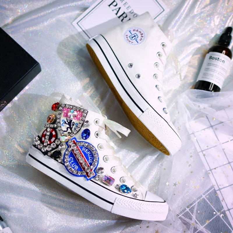 Women's Canvas Flat Platform Loafers, Diamond Casual Sneakers
