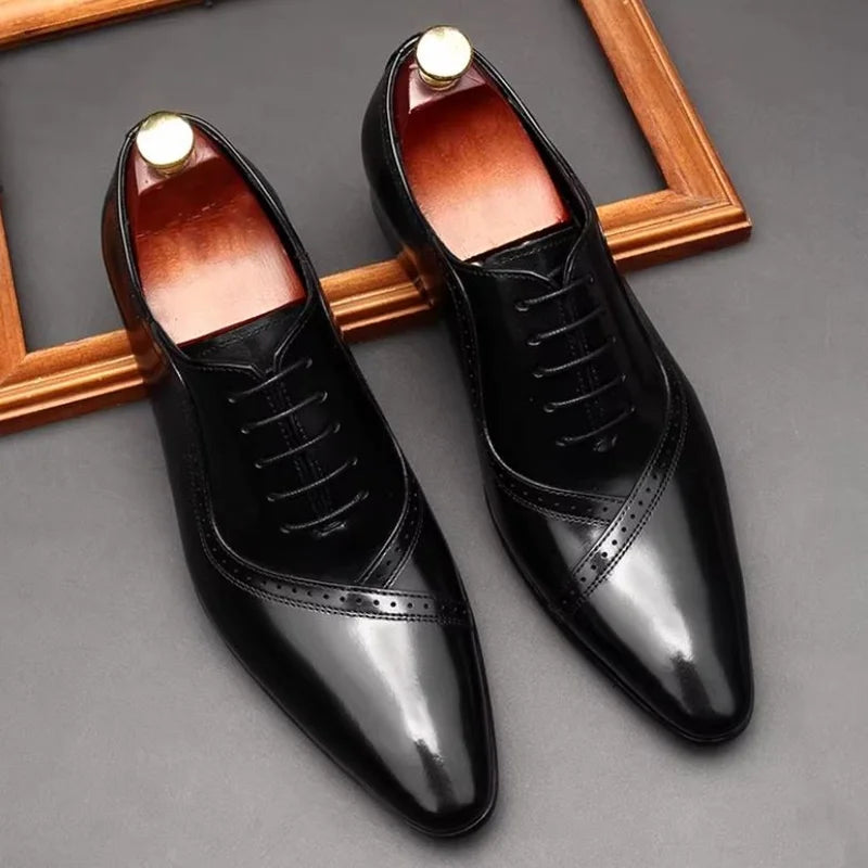Men's Cowhide Pointed Toe Lace-Up Genuine Leather Oxfords
