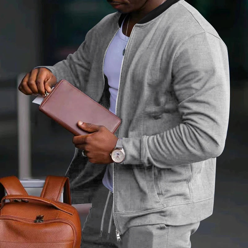 Men's Solid Stand-Collar Zip Jacket and Pants Set