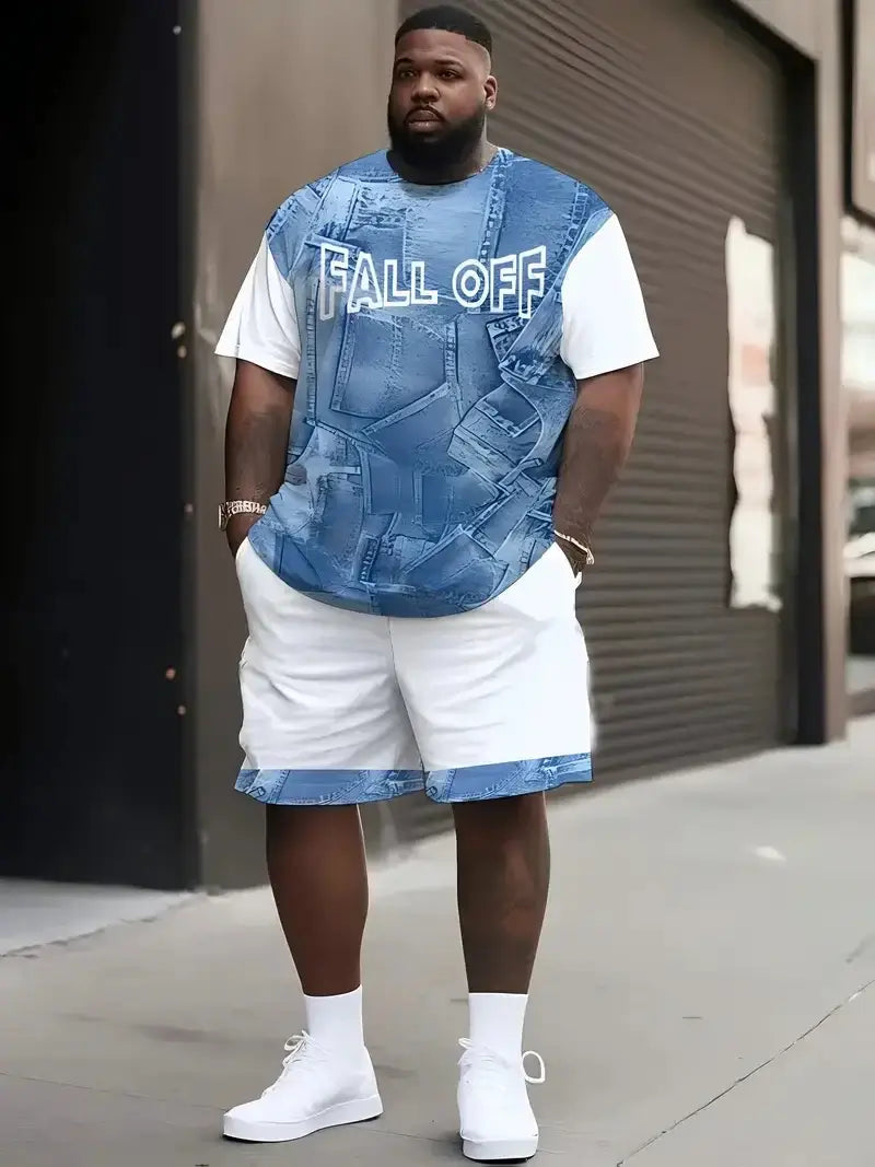 Men's Plus Size Graphic Denim T-Shirt and Shorts Set