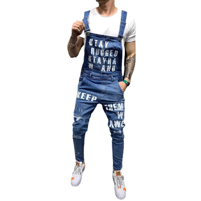 Men's Letter Print Ripped Denim Overalls Jumpsuit Streetwear