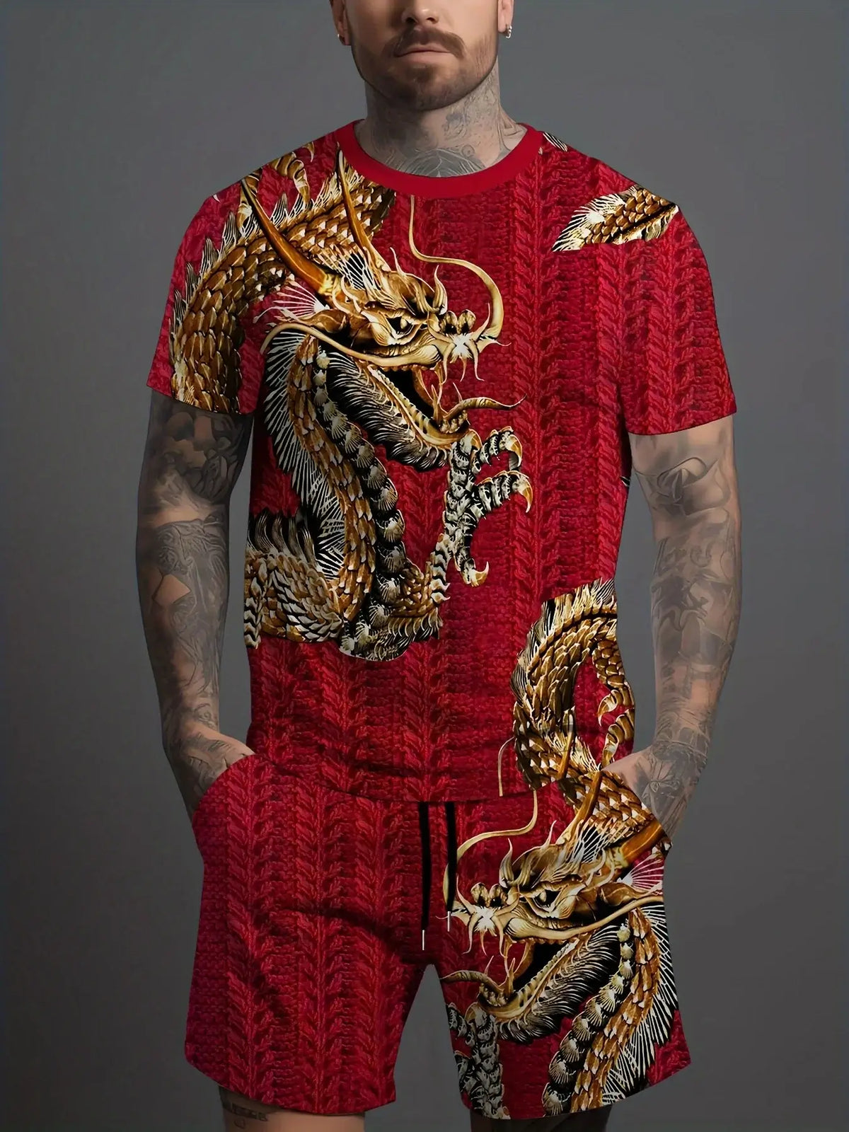 Men's Loose Graffiti-Print Crew-Neck Short-Sleeve T-Shirt and Shorts Set