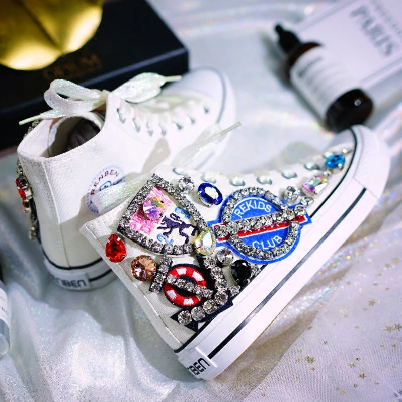 Women's Canvas Flat Platform Loafers, Diamond Casual Sneakers