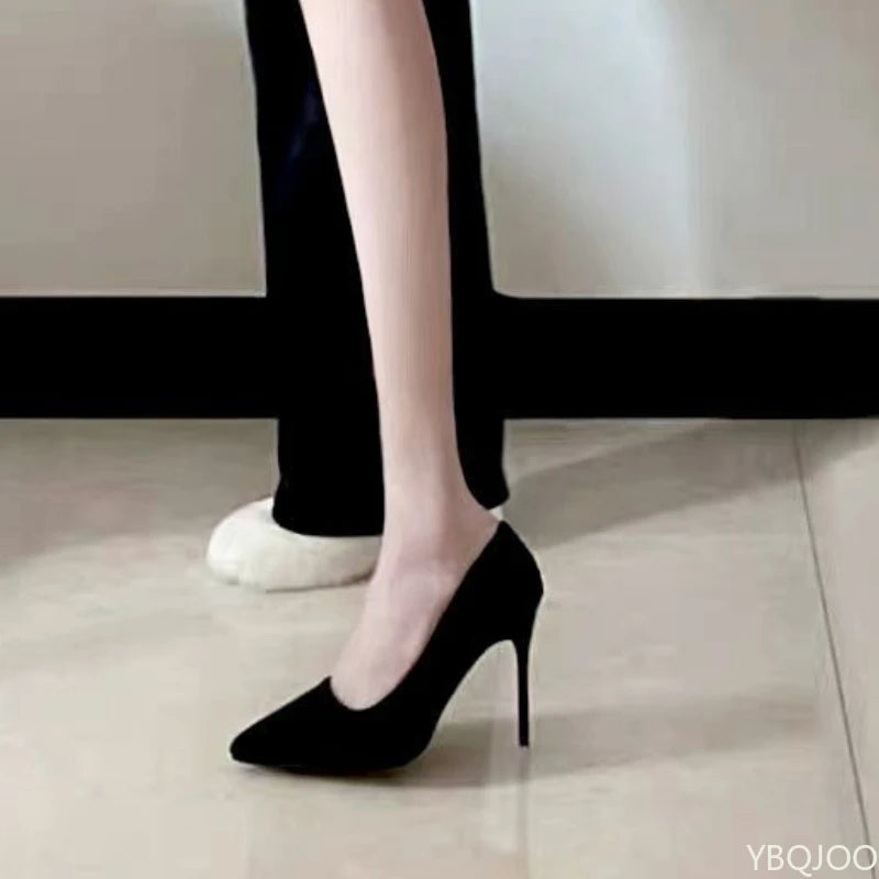 Women's Black Pointed Suede High Heel Pumps