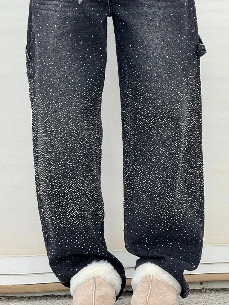 Women's Rhinestone Baggy Wide-Leg Washed Denim Jeans