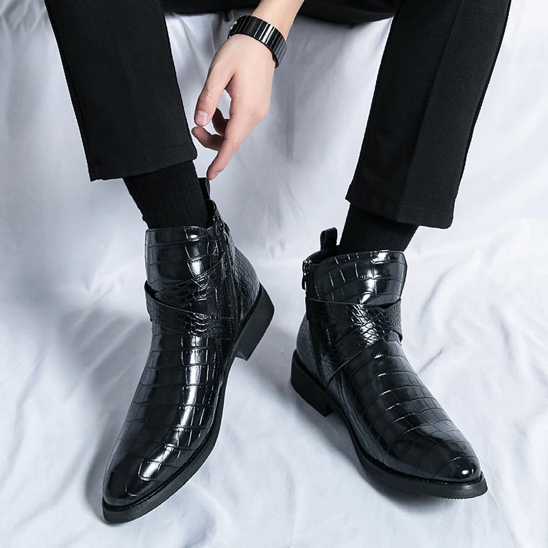 Men Ankle Boots Brown Black Business Pointed Zipper British Style Mens Retro Boots Crocodile Pattern Size 38-45 Motorcycle Boots