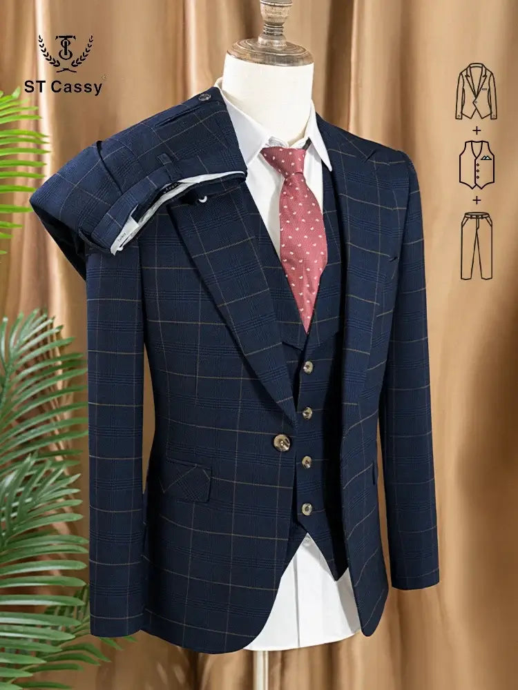 Men's 3-Piece Checkered Business and Wedding Suit