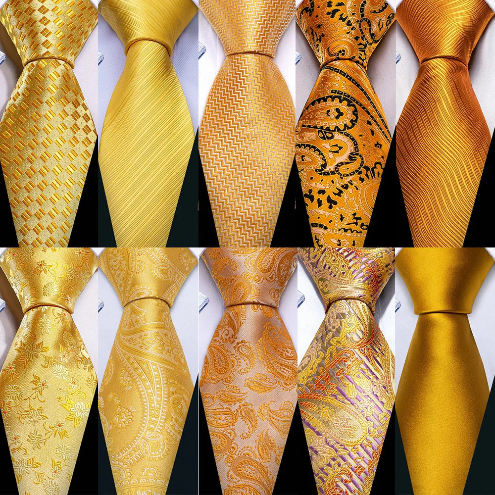 Men's Gold Silk Stripe Necktie Handkerchief Cufflinks Set